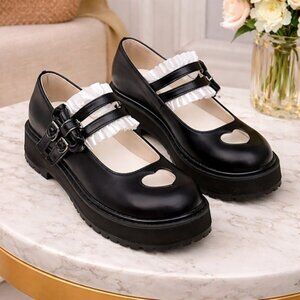 Lorie & Knight Lolita Mary Jane Shoes Black Heart Platform 8.5 Y2K